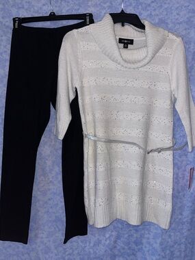 NWT—Amy Byer 2 Piece Set: Girls White Cowl Neck Knit Sweater and Black leggings